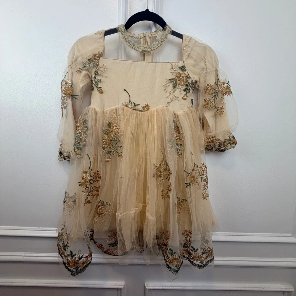 Girls Champagne Floral Embroidered Tulle Party‎ Dress Illusion Neckline Formal
